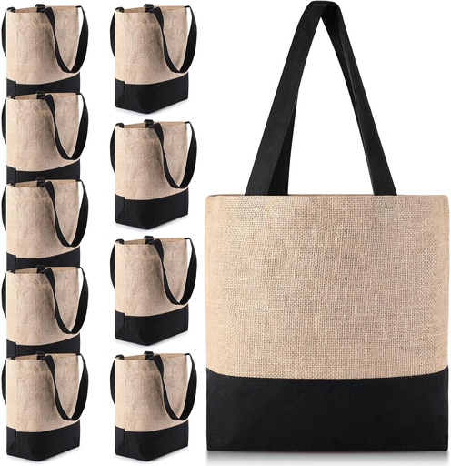 [BRSRAGLQPMAQ233X] Paterr 10 Pcs Burlap Tote Bag Bulk Set Christmas Jute Tote with Handles Reusable Blank Large Burlap Gift Bags Bulk Black and Jute for Xmas Holiday Bridesmaid Gift Shopping Travel, 12 x 14 x 5 Inch