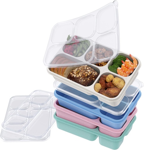 [BRSROAD4CN7AYGY7] Bento Lunch Box 4-Pack, 5-Compartment Lunch Boxes, Kids Snack Boxes, Stackable Ready Parties, Divided Food Storage Containers for School Work Travel Parties BBQ (Wheat.isa)