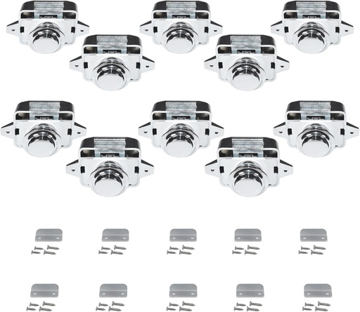 [BRSRABDQCQNBUHY6] HQRP 10-Pack Push Button Latch Cabinet Door Catch Keyless Cupboard Locks Mini Marine Push Lock Knob with Screws and Steel Pad for Cabinets Drawer in RV Yachts Motorhome Camper Caravan, Silver