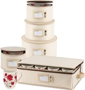 Hard Shell China Storage Containers 5-Piece Set Moving Boxes for Dinnerware, Glasses, Plates, Mugs and Saucers Sturdy Dish Organizer with Dividers for Seasonal Storage - Service for 12 - Beige Quilted
