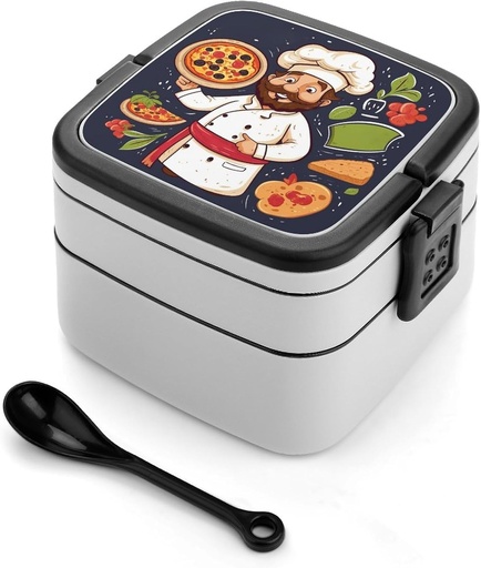 [BRSRAZT6AUDWMA32] Chef Pizza Bento Box Adult Lunch Box All-in-One Lunch Containers with Removable Compartments Double Layer Bento Lunch Box with Spoon And Handle Stackable Lunchbox