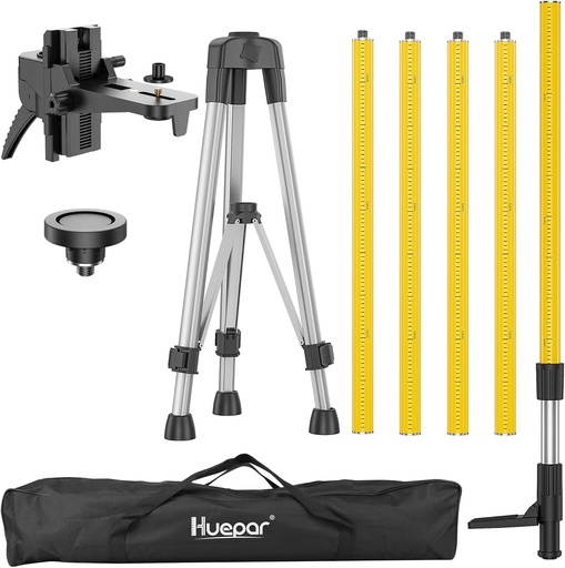 [BRSROHTQOEMAE33G] Huepar 12 Ft./3.7M Professional Laser Level Pole with Tripod and 1/4-Inch by 20-Inch Laser Mount for Rotary and Line Lasers, Adjustable Telescoping Laser Pole with 5/8"-11 Threaded Adapter-LP36A
