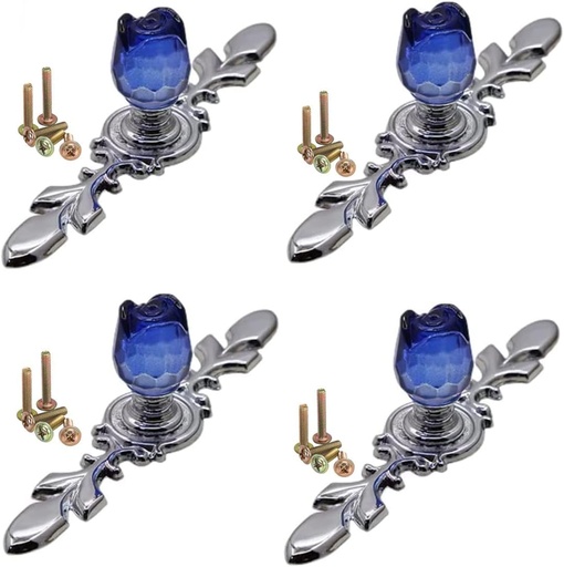 [BRSRMYYPOYNQOFLL] 4 Pack Drawer Dresser Knobs Pull Handles,Rose Flower Clear Crystal Glass Decorative Knobs with Plate,Cabinet Cupboard Door Knobs with (Large -Blue)