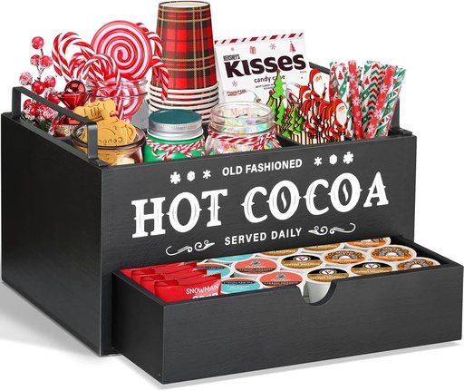 [BRSRAFL3AB5RU3LF] Hot Chocolate Bar Organizer with Drawer, Farmhouse Hot Cocoa Bar Supplies for Hot Chocolate Maker, Countertop Wood Coffee Station Organizer Decorative Storage Bins, Cocoa Lovers Gift