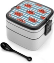 Crab Stripes Bento Box Leak-Proof Double Layered Lunch Containers with Spoons And Invisible Handle, Portable Lunch Boxes for Work Picnic Travel