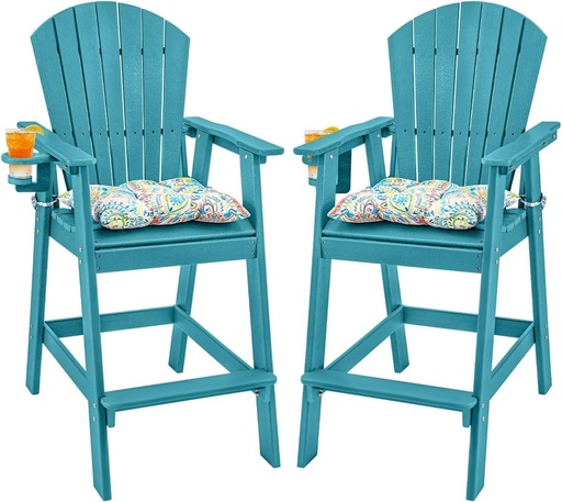 [BRSREED2B4FA4ETP] Sundale Outdoor Adirondack Bar Chairs Set of 2, Patio HDPE Bar Stools with Backrest, 30 Inch Seat Height Bistro Tall Dining Counter Barstools with Cushion, All-Weather Pub Height Chairs, Turquoise