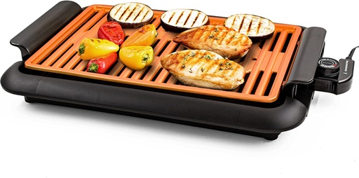 [BRSW2AILDEOQAYDG] OVENTE Electric Indoor Grill with 15x10 Inch Non-Stick Cooking Surface, 1200W Fast Heat Up Power, Adjustable Temperature, Removable and Dishwasher Safe Grilling Plate and Drip Tray, Copper GD1510NLCO