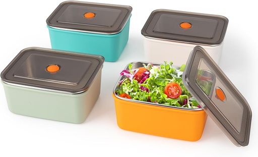 [BRSREYABBZYBUELJ] 4 PCS Stainless Steel Food Storage Containers with Lids(20oz), Snack Containers for Kids, Freezer Safe, Microwave Safe, Stainless Steel Containers for Meal Prep, Leftovers