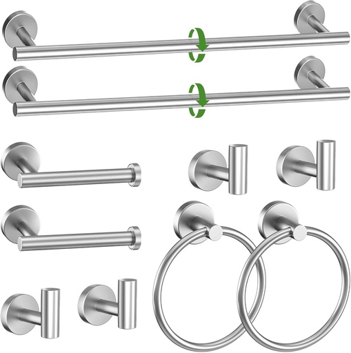 [BRSRAAD7OEMQ4D32] 10-Piece Towel Bar Set Brushed Nickel Bathroom Hardware Accessories Set Includes 23.6in Towel Bar Round Towel Ring TP Holder and Hooks Stainless Steel Wall-Mounted Towel Racks Set for Bathroom