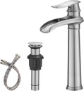 BWE Vessel Sink Faucet Brushed Nickel Tall Waterfall Bathroom Faucet Deck Mount Single Handle One Hole Lavatory Vanity Faucet with Pop Up Drain Assembly and Supply Hose