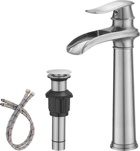 [BRSROZQOCUFAE3T5] BWE Vessel Sink Faucet Brushed Nickel Tall Waterfall Bathroom Faucet Deck Mount Single Handle One Hole Lavatory Vanity Faucet with Pop Up Drain Assembly and Supply Hose