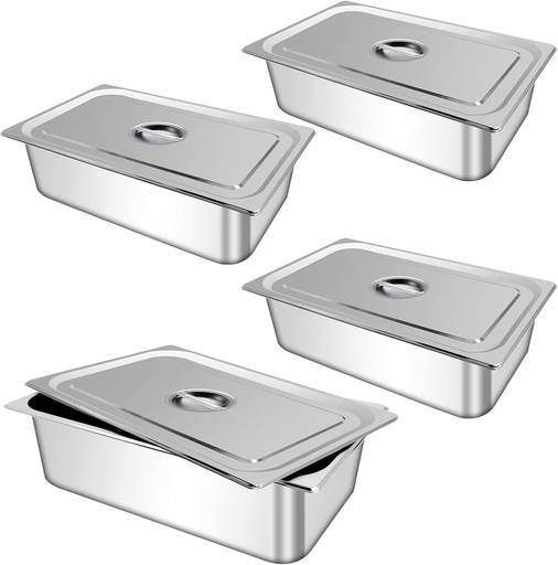 [BRSREGT5CR4BUDLL] 4 Pcs Stainless Steam with Lid 1/1 Size x 6 Inch Deep Reusable Hotel Pan Rust Proof Steel Table Pan for Home Kitchen Restaurant Party Buffet Supplies