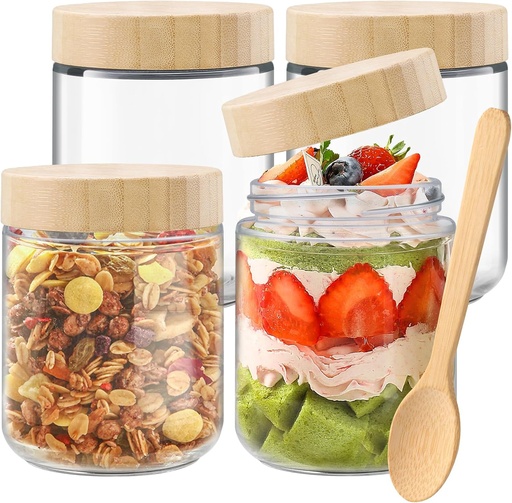 [BRSREZQKBUNQKADA] DIYDEC 16 OZ Overnight Oats Containers with Lids 4Pcs Glass Storage Jars for Snack Yogurt Wide Mouth Mason Jars with Bamboo Lids for Food Grain Storage