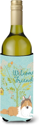 [BRSWG2YRCQGQMA32] Caroline's Treasures BB7584LITERK Welcome Friends Collie Wine Bottle Hugger Bottle Cooler Sleeve Hugger Machine Washable Collapsible Insulator Beverage Insulated Holder