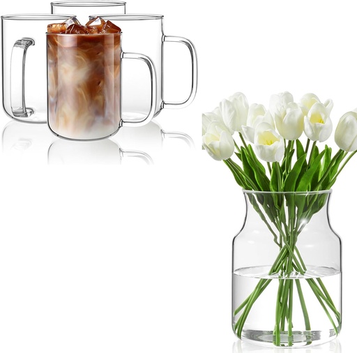[BRSREAQZDEBQ43Q7] Glass Coffee Mugs, 20 oz Ice Coffee Cups Set of 4&Clear Glass Vase, Large Flower Vase