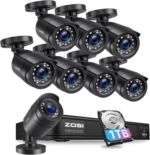 [BRSWYZ34CR6R423X] ZOSI H.265+1080p Home Security Camera System Outdoor, 5MP Lite 8 Channel CCTV DVR Recorder with Hard Drive 1TB and 8 x 1080p Surveillance Bullet Camera with 80ft Night Vision, Motion Detection