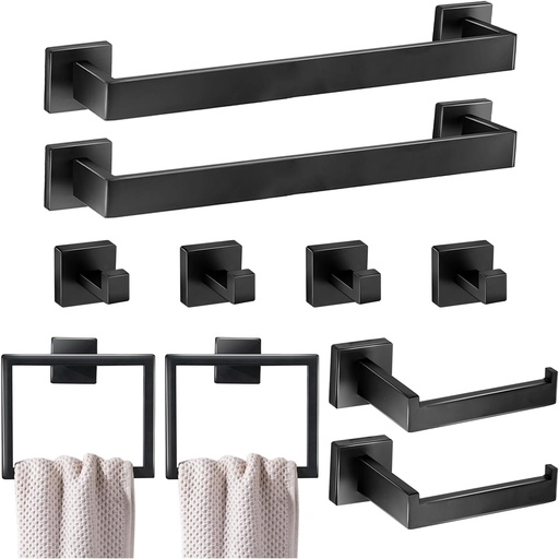 [BRSRAYABOQFQKC3X] 10 Pieces Bathroom Hardware Accessories Set 16 Inch Wall Mounted Towel Bar Set Matte Black Towel Rack Rings Stainless Steel Toilet Paper Holder Bath Coat Hooks