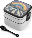 Double Layer Lunch Box, Decorate Rainbow Printed Leak Proof Bento Box All in One Lunchbox with Spoon Camping Meal Prep Containers for Adult Women Men