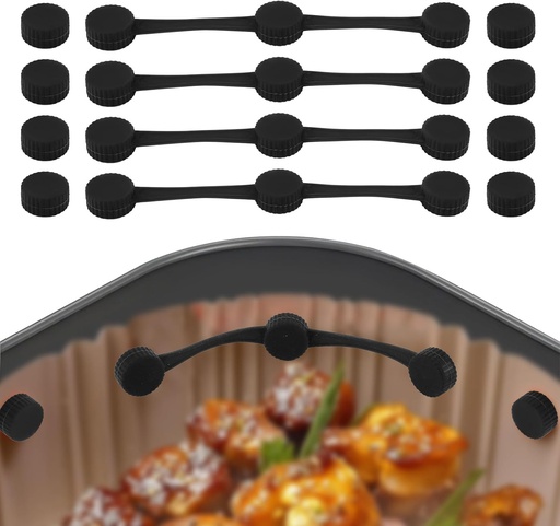 [BRSRE2YCAAHWE3TL] Air Fryer Magnet Kit, Universal Fit with 4 Silicone Strips and 8 Buckles High Temp Resistant Food Grade Holds Parchment Liners Securely & Protects Basket (Black)