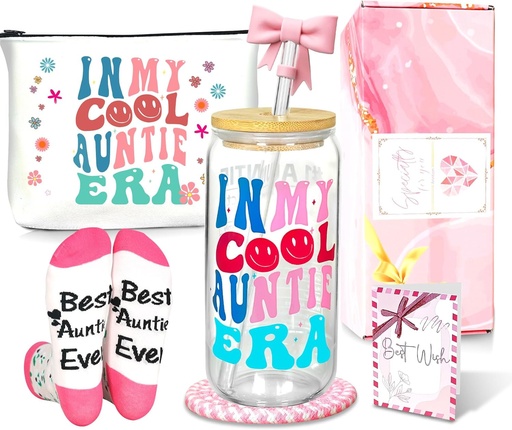 [BRSRABT5OF6GY2A4] ANOTION Aunt Gifts Set - In My Cool Auntie Era Iced Coffee Cups, Best Auntie Ever Socks, Makeup Bag, Greeting Card – Perfect Gifts for Birthday, Mother's Day, New Aunt, Pregnancy Announcement