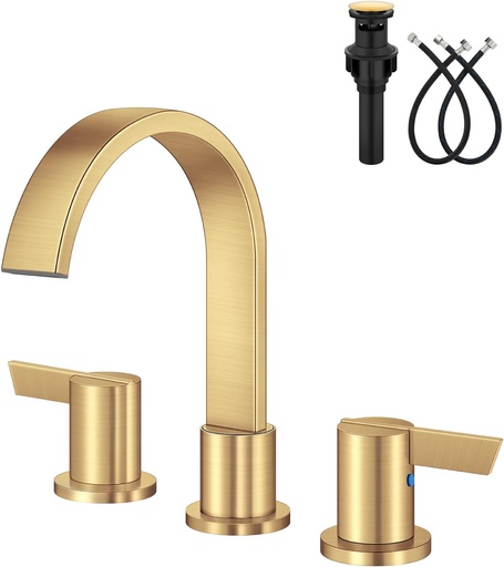 [BRSRACQCOEMB42TL] Aolemi Bathroom Faucets 3 Hole,8 Inch Widespread Waterfall Bathroom Sink Faucet,2 Handles Vanity Faucet with Pop-up Drain and Supply Hose,Brushed Gold