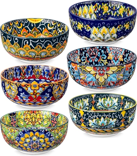[BRSRAYINCV7BSHLA] vancasso Cereal Bowls Set of 6, Bohemian Ceramic Soup Bowls, 28 oz Colorful Bowls Set for Kitchen, Dishwasher & Microwave Safe for Salad, Pasta, Rice, Oatmeal, Fruit