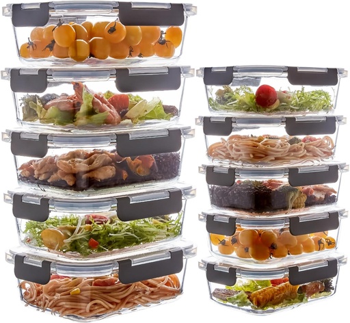 [BRSRAGA7AAGWAEQU] 10 Pack Glass Meal Prep Containers with Lids, Reusable Airtight Leakproof Glass Lunch Bento Boxes, Freezer, Microwave Oven and Dishwasher Safe, Gray