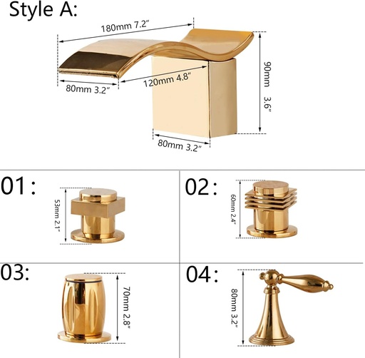 [BRSRA2Y2OUOWC3TL] Solid Brass Bathroom Sink Wash Basin 2 Handles Waterfall Faucet Golden Plated Bathtub Mixer Tap Faucet Deck Mounted(Only Spout Style A)