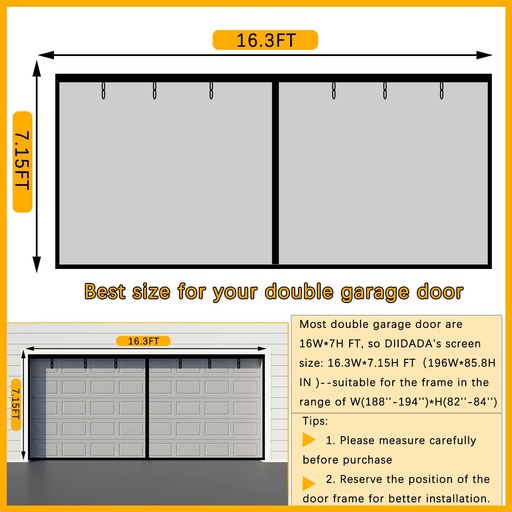 [BRSWYAIFOUCGADT4] Fiberglass Magnetic Garage Screen Door - Double 16x7ft (2 car) Hands Free Mesh Screen Door，DIY Retractable Garage Door Screen with 6 Roll Up Starps (Fit 16 Ft W * 7 Ft H-A)