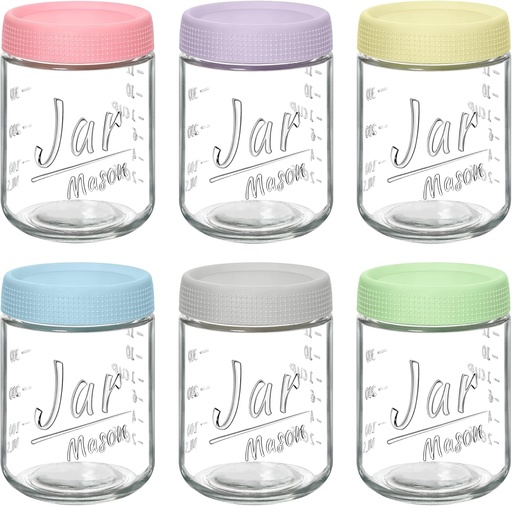 [BRSREZAECUHGEAA6] 6-Pack 16oz Overnight Oats Containers with Airtight Lids - Glass Mason Jars with Measurement Marks for Yogurt, Meal Prep & Chia Pudding, Stackable & Leakproof