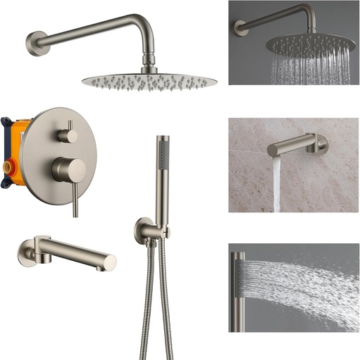 [BRSROFIHPIJWKHYV] Clihome 10 Inch Shower Faucets Sets Complete with Swivel Tub Spout Rainfall Shower Head System with Handheld Shower Head, Square Fixed Shower Head, Rough-in Valve Body, Trim Kit, Brushed Nickle