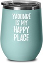 EzGift Yaounde Is My Happy Place Wine Glass Traveler Gift Idea Souvenir Insulated Tumbler Lid Teal