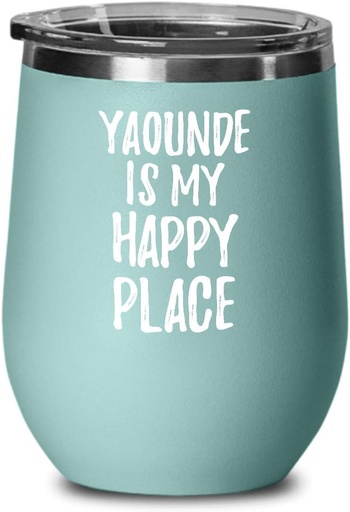 [BRSWYFIDDMPWE3IZ] EzGift Yaounde Is My Happy Place Wine Glass Traveler Gift Idea Souvenir Insulated Tumbler Lid Teal