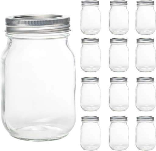 [BRSRE2YPAF4GA2DV] 12 Pack 16oz Mason Jars, Regular Mouth jars with Silver Metal Lids, Canning Jars for Overnight Oats, Food Storage, Dry Food, Snacks, Candies and More