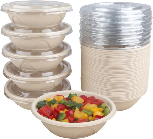 [BRSW2FLYAAPW2A33] 25 oz Disposable salad bowls with lids, Sugarcane Fiber Paper Bowls take away food containers meal prep deli container Freezer Safe 50 Pack