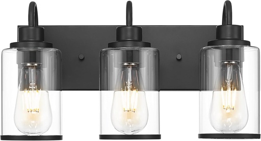 [BRSRABTQBENAOYD3] Beionxii 3 Light Matte Black Vanity Light, Bathroom Light Fixtures with Clear Glass Shade, Bathroom Lighting Fixtures Over Mirror, Black Wall Lights for Mirror Living Room, BX-VL01MB-3CG