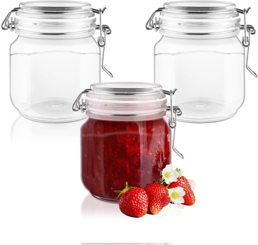 [BRSRAFD6BABRQ3DO] 3 Pcs Plastic Storage Jars Clear Wide Mouth Canning Jar Empty Sealed Bottle Container with Airtight Lid for Food Storage Liquid Powder - 500g/16.9oz