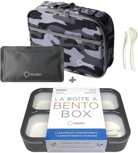 [BRSWGAQNC4HW2CTU] kinsho Bento Box with Insulated Lunch Bag and Ice Pack. Lunch Container with 3 Divided Leak-Resistant Compartments Perfect for Work or School, Adults Boys Kids, Black with Camo Bag