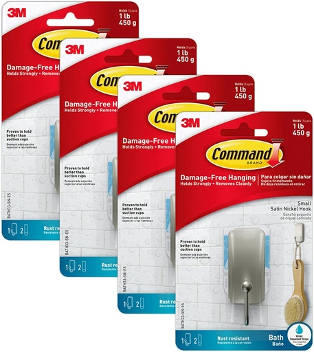 [BRSW2AYPBEMQEE3F] Command BATH33-SN-ES Bath Hooks, Satin Nickel, 4 Count