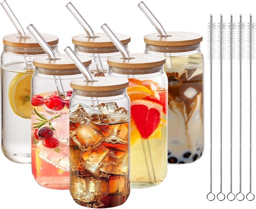 [BRSRAZ3QAUNQ2FD4] 6pcs Set-16oz, Glass Cups with Bamboo Lids and Glass Straw - Beer Can Shaped,CuteTumbler Cup,Soda,deal for Cocktail,Iced Coffee Cups,6 Cleaning Brushes glass cups with lids and straws