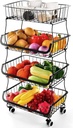 Miyawell Fruit Vegetable Storage Basket, 4 Tier Stackable Metal Wire Storage Baskets with Wheels, Fruit Vegetable Produce Basket Organizer Bins for Kitchen, Pantry, Bathroom