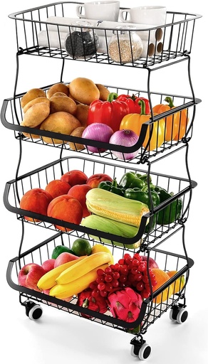 [BRSW2YL7CIHWEGQY] Miyawell Fruit Vegetable Storage Basket, 4 Tier Stackable Metal Wire Storage Baskets with Wheels, Fruit Vegetable Produce Basket Organizer Bins for Kitchen, Pantry, Bathroom