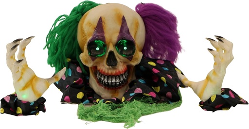 [BRSW2FTRCQMWGCY7] Haunted Hill Farm Scary Talking Groundbreaker Skeleton Clown Halloween Prop with Touch Activated Lights and Sounds, Battery Operated, Poseable Indoor or Covered Outdoor Halloween Decorations for Home