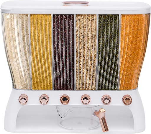 [BRSROCQNCBYRMHT4] Dry Food Dispenser 6 Grids Rice Dispenser Transparent Cereal Storage Container with Measuring Cup for Rice Bean Flour