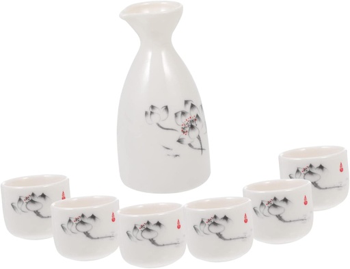 [BRSREZ32A4IBAD3A] Japanese Style Ceramic Sake Pot Set 4 Sake Cups Antique Design 100% Food-Grade Ceramic at Home or Parties