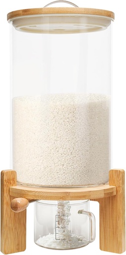 [BRSREHALC4FWMD3V] 7.5L Glass Rice Dispenser, Cereal Dispenser with Measuring Cup - Airtight Bamboo & Glass Food Storage Container for Pantry Organization, Pet Food Container with Anti-Moisture Base