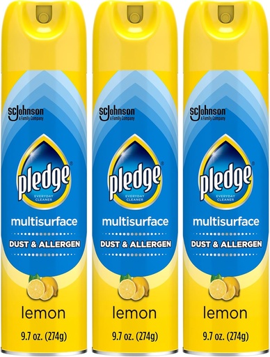 [BRSWECQNOQFQME3K] Pledge Dust & Allergen Multisurface Cleaner, Aerosol Spray, Lemon Scent, 9.7oz (Pack of 3)