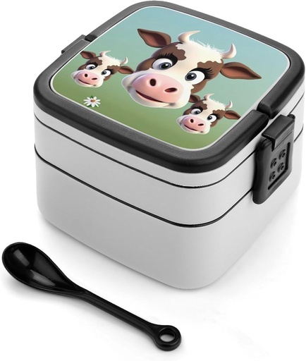 [BRSREHYNCAMBOHLZ] Stackable Double-Layer Bento Box Cute Cow Adults Lunchbox With Spoon Cute Japanese Bento Box Dishwasher Safe for Work Travel Dining Outc