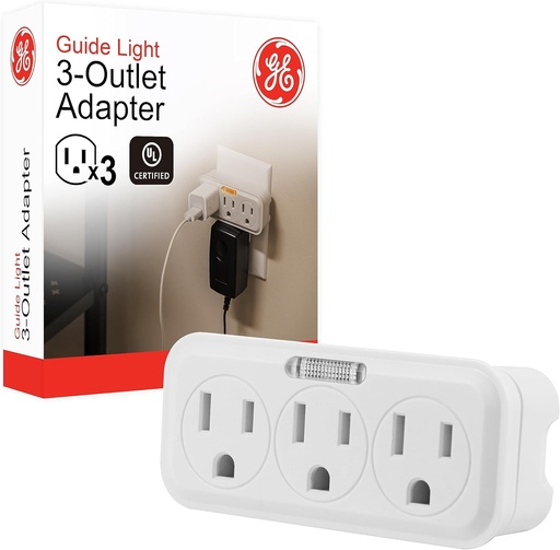 [BRSWIGALAYJRCGY3] GE 3 Outlet Adapter Wall Tap with Guide Light, 3 Prong Outlet, Grounded Outlet, UL Listed, White, 14494