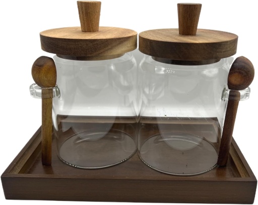 [BRSREH35OQFGMFI6] Glass Jars with Brown Wooden Lids and Scoops 20oz 2Pack with Tray, Airtight Food Storage Containers with Tray for Sugar Coffee Bean Candy Spice